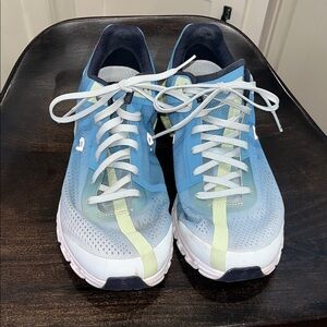 On Cloudflow Blue and Green Athletic Sneakers